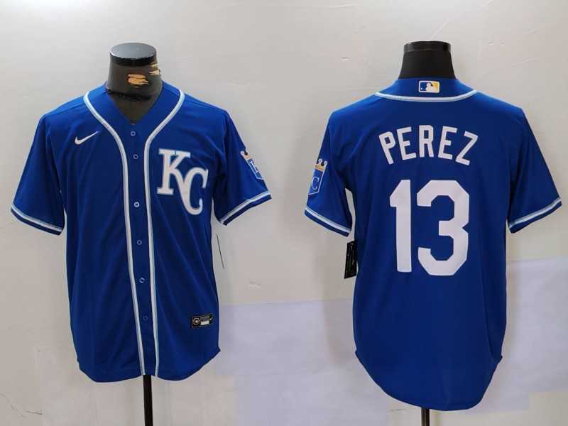Mens Kansas City Royals #13 Salvador Perez Blue KC Cool Base Stitched Jersey->kansas city royals->MLB Jersey